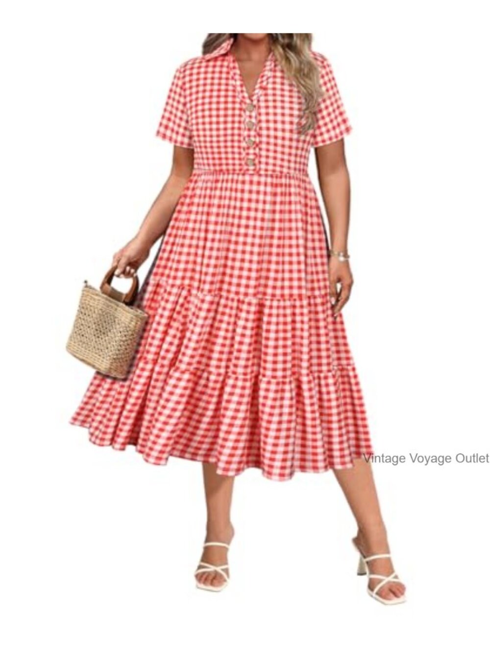 Plus Size Midi Dress with Pockets, Short Sleeve V-Neck Collared